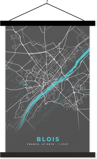 Posterhanger incl. Poster 40x60 cm - Schoolplaat - Blois - Frankrijk - Plattegrond - Kaart - Stadskaart - Textielposter - Zwarte latten - Stadskaart
