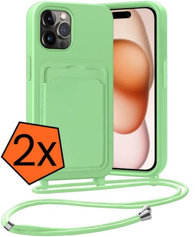 Hoesje Geschikt voor iPhone 14 Pro Hoesje Met Telefoonketting Pasjeshouder Case Koord - Hoesje Geschikt voor iPhone 14 Pro Hoes Met Kaarthouder - Groen - 2 PACK
