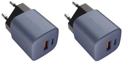 2 stuks OneOne 33W snellader met 2 poorten. USB C en USB A poorten. GAN lader. PD PPS oplader adapter past op Samsung Galaxy A33, A52, A53, A6s, A70, A71, A72, A73, A80, A90, C7 Pro, C9 Pro, Galaxy F02s, F12, F13, F22, F23, F52