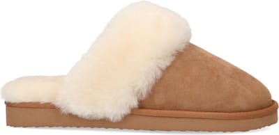 Manfield - Dames - Cognac pantoffels met wollen voering - Maat 36