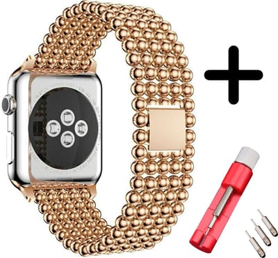 Strap-it Stalen Parel schakel band - Geschikt voor Apple Watch bandje - Series 1/2/3/4/5/6/7/8/9/10/11/SE/SE2/SE3 - Rose Gold - RVS band met parel patroon - maat: 38 / 40 / 41 / 42mm - Met inkorter toolkit