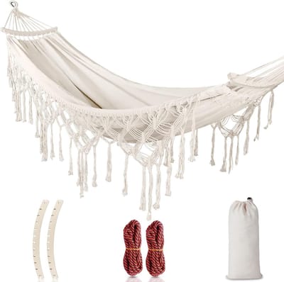 Achtertuin hangmat met kwasten Max 500 lbs duurzame canvas stof Bohemian stijl met verdikt touw en draagtas voor buiten, tuin, terras, bruiloft decor