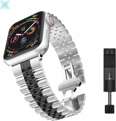 MY PROTECT - Luxe Metalen Jubilee Bandje - Geschikt Voor Apple Watch Bandje - Series 1/2/3/4/5/6/7/8/9/10/SE/Ultra - 44mm - 45mm - 46mm - 49mm - Zilver zwart