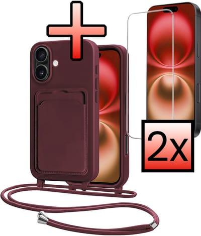 Hoes Geschikt voor iPhone 16 Plus Hoesje Pasjeshouder Cover Met Koord Case Siliconen Hoes Met Telefoonkoord en Kaarthouder Met 2x Screenprotector - Aubergine