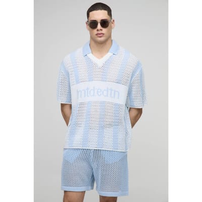 Regular Fit Open Stitch Stripe Football V-hals Gebreide Korte Set | Light Blue | Size Small