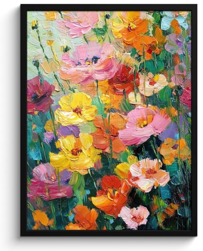 Poster in lijst - Fotolijst 50x70 cm - Posters - Bloemen explosie - Heldere kleuren - Vrolijk - Posterlijst zwart - Decoratie - Wanddecoratie woonkamer - Muurdecoratie slaapkamer