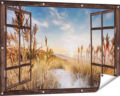 Gards Tuinposter Doorkijk Strand en Zee vanuit Duinen met Zonsondergang - 120x80 cm - Tuindoek - Tuindecoratie - Wanddecoratie buiten - Tuinschilderij
