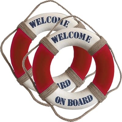 Gerkimex Reddingsboei - 2x - Welcome on board - 14 cm - rood/wit - kunststof - maritiem thema decoratie