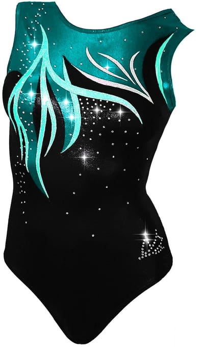 Fairysports Turnpakje Stardust maat 98-104 meisjes gympakje aqua groene zilver zwart met zilveren steentjes