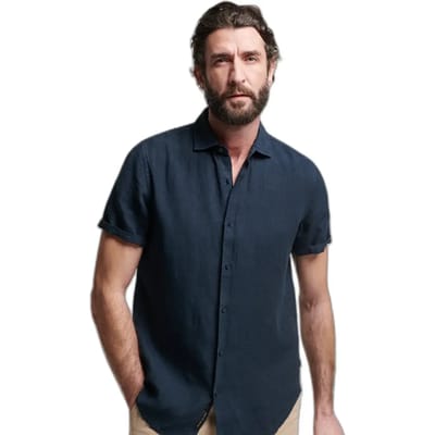 Superdry Studios Casual Linen T-shirt Met Korte Mouwen Blauw S Man
