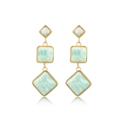 My Bendel - Lange Goudkleurige Oorbel Model met Echte Amazonite Edelsteen - 58 Mm - met Luxe Cadeauverpakking | Sieraden Voor Dames
