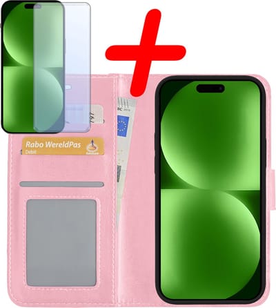 Hoesje Met Screenprotector - Geschikt voor Apple iPhone 15 - Luxe Pasjeshouder - Bookcase Portemonee - Flip Case - Kunstleer Book Case - Flipcase - Book Cover - Walletcase - Portemonneehoes - Lichtroze