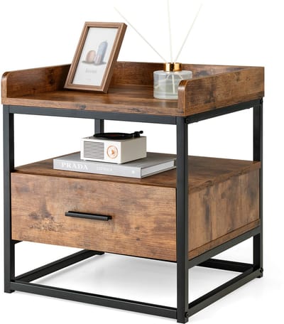 COSTWAY Bijzettafel met 2 niveaus, salontafel met metalen frame, koffietafel met lade, voor woonkamer, balkon, hal, nachtkastje voor bed, telefoontafel in industrieel design