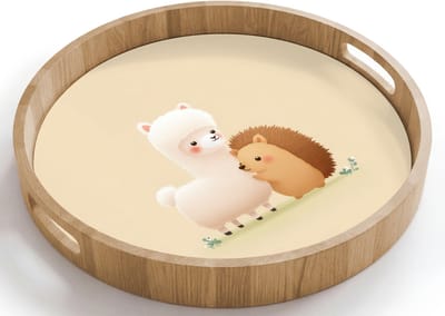 Dienblad rond 40x40 cm - Schootdienblad hout - Alpaca - Egel - Bruin - Knuffelen - Borrelplank rechthoek - Plateau houten dienbladen