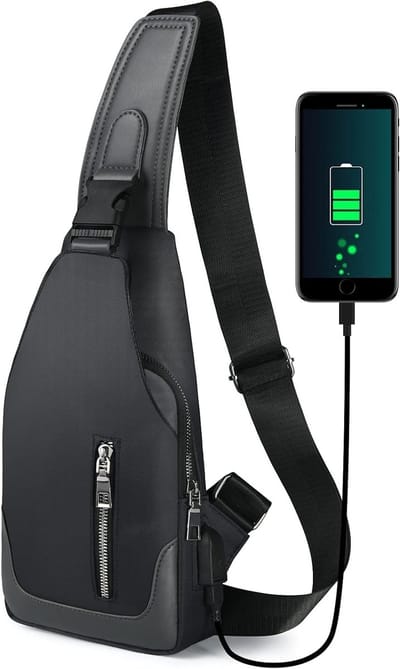 Heren Schoudertas met USB Oplaadpoort - Waterdichte Sling Bag voor Sport, Fietsen en Reizen - Oxford Textiel, Zwart