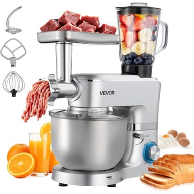 VEVOR Multifunctionele elektrische keukenmachine 1500 W met roestvrijstalen kom (6 L) en mengkom (1,5 L), deegmixer met 6+P snelheden, deeghaak, garde en klopper.