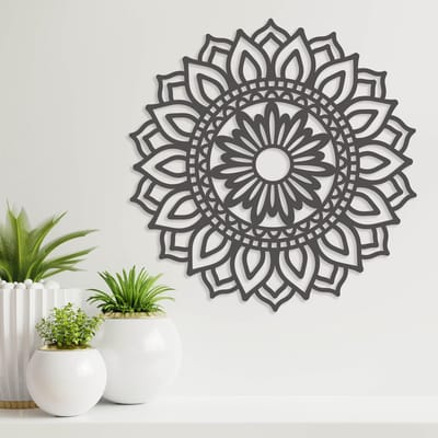 Wanddecoratie - Mandala Zonnebloem - Hout - Wall Art - Muurdecoratie - Woonkamer - Zwart - 29 x 29 cm