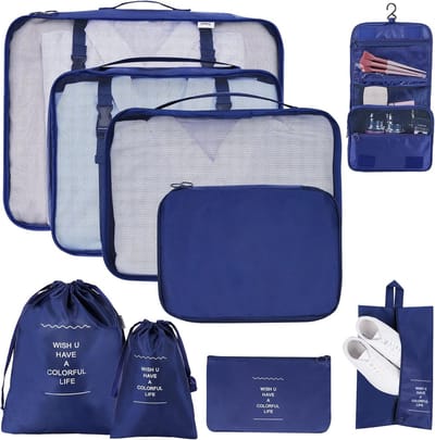 Koffer-organizerset 9-delig - Efficiënt inpakken voor vakantie en reizen - Kledingtassen voor kleding, schoenen en cosmetica - Donkerblauw