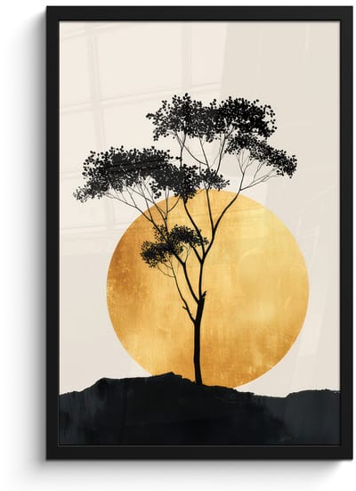 Poster in lijst - Fotolijst 40x60 cm - Posters - Zwarte boom - Gouden cirkel - Heuvel - Posterlijst zwart - Decoratie - Wanddecoratie woonkamer - Muurdecoratie slaapkamer