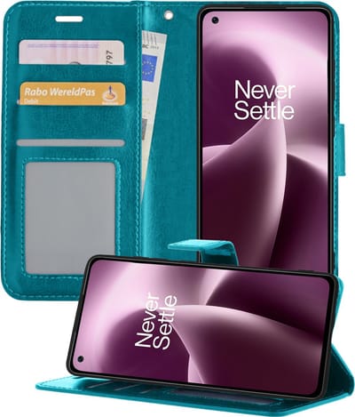 Hoesje - Met Pasjeshouder - Geschikt voor OnePlus Nord 2T - Luxe Bookcase Portemonee - Flip Case - Kunstleer Book Case - Flipcase - Book Cover - Walletcase - Portemonneehoes - Telefoonhoesjes - Turquoise