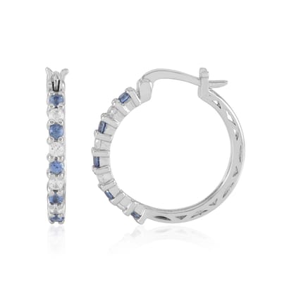 Cavill - Elegante 24mm Hoepel Oorbellen - 925 Sterling Zilver Platina Gecoat - Blauwe Ceylon Saffier 1,117 ct - Zirkonia Accenten voor Dames