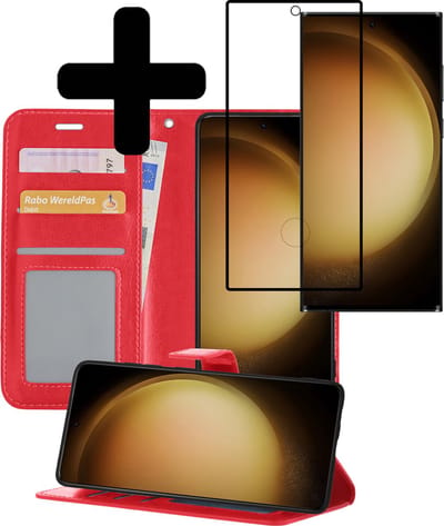 Hoesje - Met Screenprotector - Geschikt voor Samsung Galaxy S23 Ultra - Luxe Pasjeshouder - Bookcase Portemonee - Flip Case - Kunstleer Book Case - Flipcase - Book Cover - Walletcase - Portemonneehoes - Telefoonhoesjes - Rood