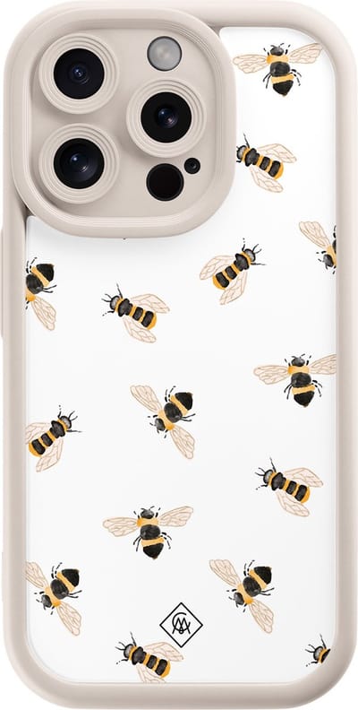 Casimoda® hoesje - Geschikt voor iPhone 14 Pro - Bee Happy - Effen telefoonhoesje met lensbescherming - Siliconen/TPU - Backcover - Bruin/beige