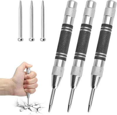Automatische centreerstift - Metaal ponstang - Gaten markeren - Verstelbare veerdruk - 3 stuks - Zwart