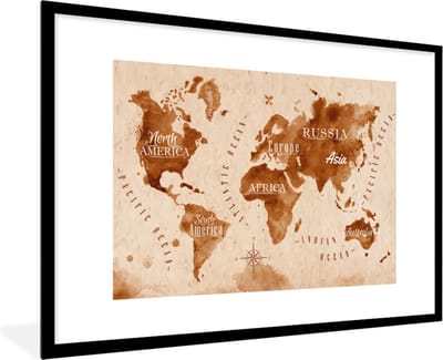 Poster in lijst - Fotolijst 90x60 cm - Posters - Wereldkaart - Verf - Bruin - Vintage - Posterlijst zwart - Decoratie - Wanddecoratie woonkamer - Muurdecoratie slaapkamer