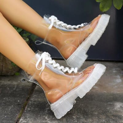 Nouveaux Chaussures pour Femmes à la Mode à Bout Rond Talon Carré Sangle Croisée Transparent Bottines Courtes Résistantes à l'Usure Zapatos Mujer 35 white