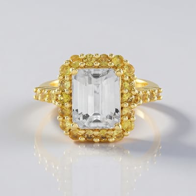 Cavill - Vergulde 925 Sterling Zilveren Ring - 4,69 ct Achthoekige Trapgeslepen Zirkoon & 0,97 ct Gele Saffieren - Luxe Elegante Zilveren Ring
