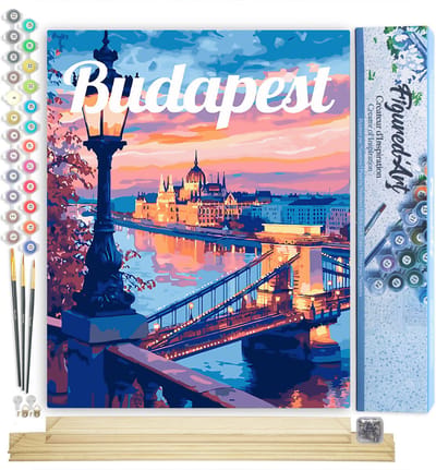 Figured'Art Schilderen op Nummer Volwassenen canvas Reisposter Boedapest bij Schemering - Handwerk acrylverf Kit DIY Compleet - 40x50cm met DIY houten lijst