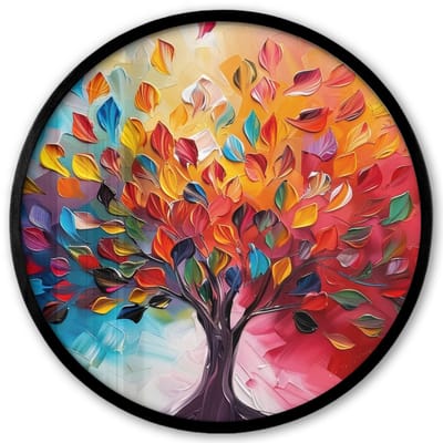 Poster in lijst Rond - Fotolijst 40x40 cm - Posters - Boom - Levensboom - Kleurrijk - Abstract - Ronde posterlijst zwart - Decoratie - Wanddecoratie woonkamer - Muurdecoratie slaapkamer