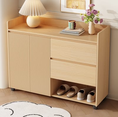 DESMIU Schoenenkast - Verplaatsbaar Met Remwielen En Lade - Met Open Vakken En Verstelbare Planken - MDF - 110x35x86 Cm - Naturel