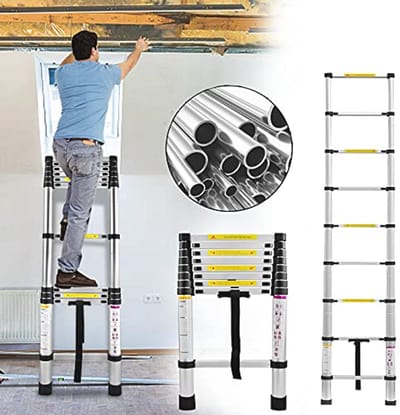 XMTECH Telescopische ladder, multifunctionele ladder, uittrekbare ladder, staande ladder, 2,6 m, telescopische ladder, 9 sporten, zilver