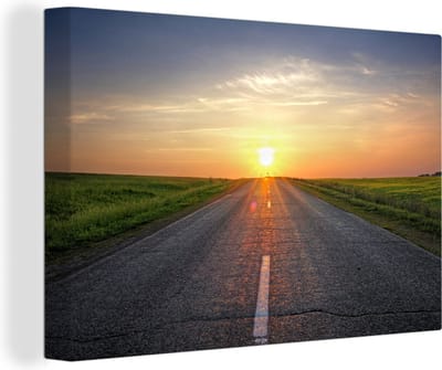 Canvas Schilderij Zonsopkomst boven de weg - 90x60 cm - Wanddecoratie