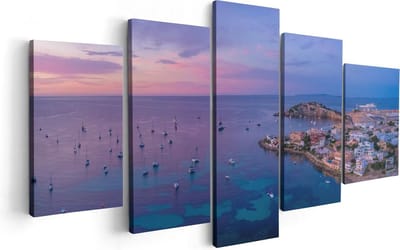 Artaza Canvas Schilderij Vijfluik Ibiza met Boten op het Water bij Zonsopgang - 100x50 - Foto Op Canvas - Canvas Print