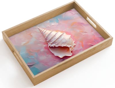 Dienblad hout 40x30 cm - Schootdienblad - Schelp - Pastel - Pink - Borrelplank rechthoek - Plateau dienbladen