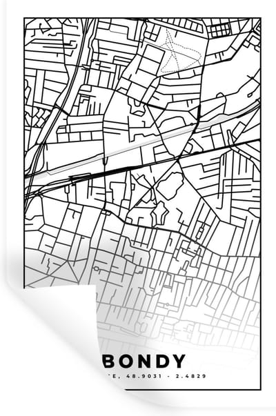 Muurstickers - Sticker Folie - Kaart - Bondy - Stadskaart - Frankrijk - Plattegrond - Zwart wit - 20x30 cm - Plakfolie - Muurstickers Kinderkamer - Zelfklevend Behang - Zelfklevend behangpapier - Stickerfolie