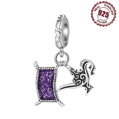 Fler® | Bedel | Past op populaire bedelarmbanden (standaard - 3mm) | Magisch Tapijt & Lamp Bedel | Hangbedel Charm | 925 sterling zilver | Paarse & Zwarte emaille | Armband Kraal | Valentijnsdag Cadeau | Sinterklaas kado | Kerstcadeau | Verjaardag