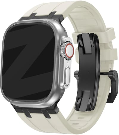 Bandz Siliconen band 'Luxe Liquid' - Hoogwaardig siliconen bandje geschikt voor Apple Watch Series 1/2/3/4/5/6/7/8/9/10/11/SE/SE2/SE3/Ultra (2) - grote maten - 44mm / 45mm / 46mm / 49mm - beige met zwarte connectors