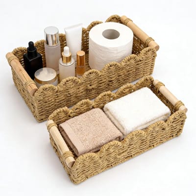 Gevlochten opbergmanden met houten handgrepen voor toiletpapier, decoratie en organisatie in badkamer, keuken en woonkamer - 2 stuks (bruin)