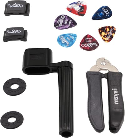Guitar string winder en snijder, 2 in 1 gereedschap met rubberen plectrumhouder en strap blokken, 6 plectrums inbegrepen