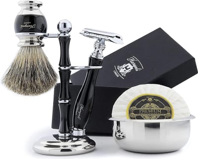 Complete scheerset voor mannen, Haryali London-scheerset voor het scheren van mannen, met DE Safety Razor, scheerkwast, scheerstandaard, scheerkom en zeep, beste scheerset voor mannen in zwarte kleur