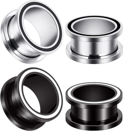 Dailygoods- Flesh Tunnels Set van 4 - Roestvrij Stalen Oortunnels 316L - Hypoallergeen - Zwart/Zilver - Schroefdop - 10 mm / 25 mm