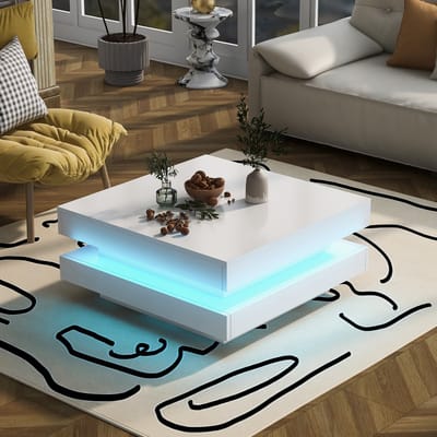 Sweiko Salontafel - Vierkant - 70x70x36 cm - 16 kleuren LED verlichting - Bluetooth APP bediening - Maximaal gewicht 3 kg - Wit