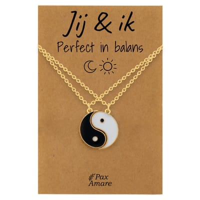 BFF Ketting voor 2 'Jij & ik, perfect in balans' - Magnetische Yin Yang - Vriendschapsketting op Cadeau Kaartje - 45cm + 5cm verstelbaar - Goudkleurig - Best Friends Hanger - Pax Amare