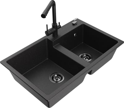 Mexen Tomas granieten spoelbak met 2 compartimenten en Duero keukenkraan, zwart/zilverkleurig metallic - 6516-73-671600-70-B