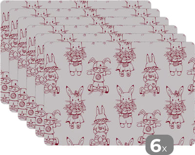Placemat - Placemats kunststof - Hoverboard - Patronen - Konijnen - 45x30 cm - 6 stuks - Hittebestendig - Anti-Slip - Onderlegger - Afneembaar