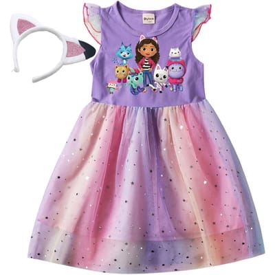 Robe Fille Bébé Enfants Dessin Animé Maille Étoiles Paillettes Robe Princesse Enfants Manches Volantes Jupe Pour Quotidien Halloween Cadeau d'Anniversaire 140 lavande